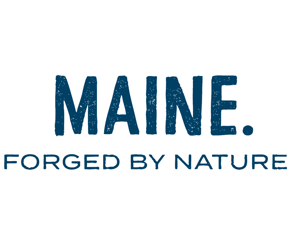 The image displays the text "MAINE. FORGED BY NATURE" in bold, blue, textured lettering on a white background.