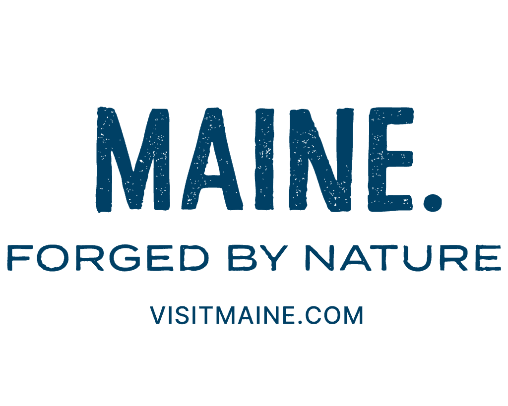 Text reads: "MAINE. FORGED BY NATURE" with "VISITMAINE.COM" below, all in bold blue letters on a plain white background.